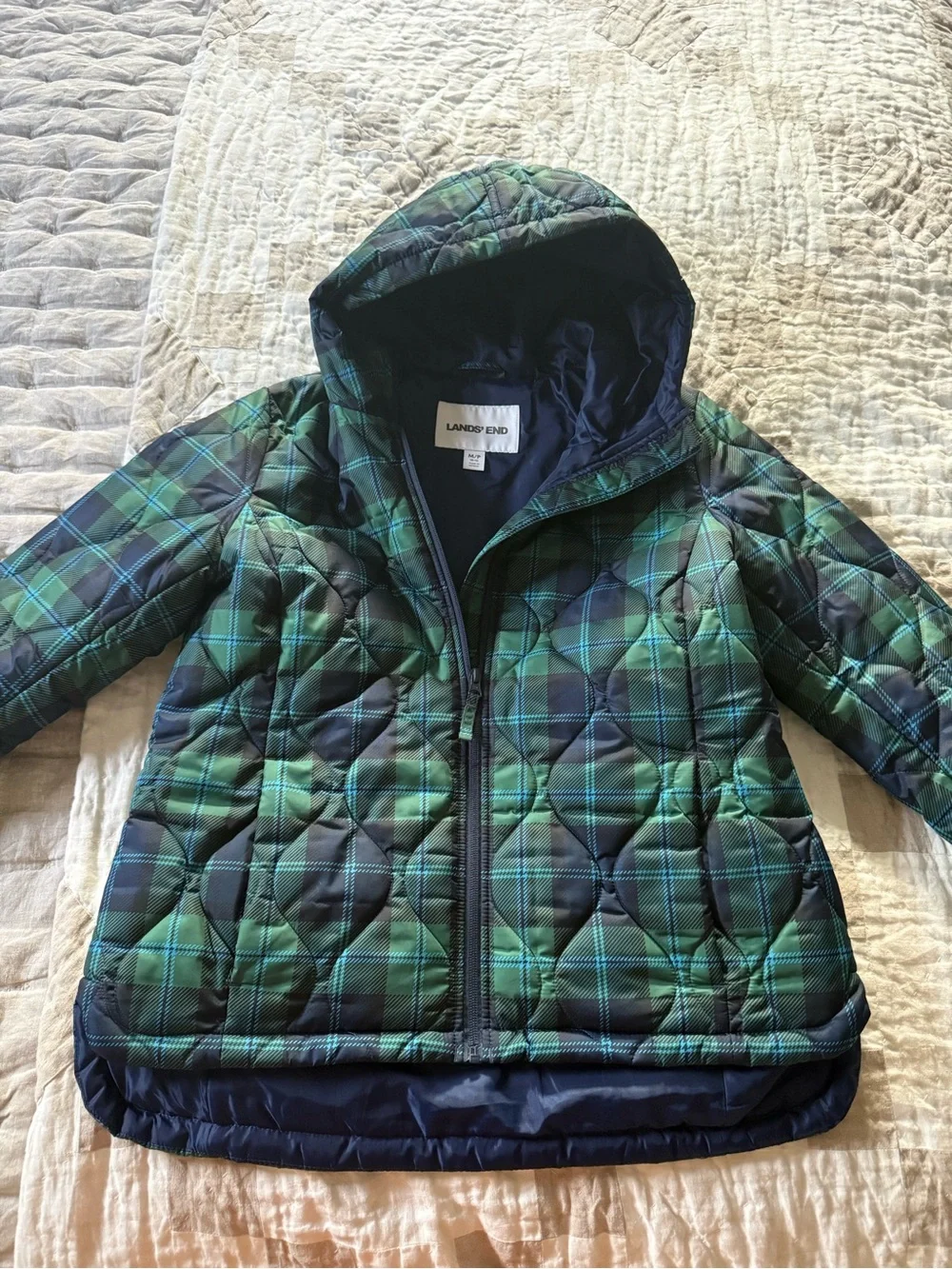 Lands' End Women’s ' Green and Navy Plaid Quilted Hooded  Jacket. Med. Petite